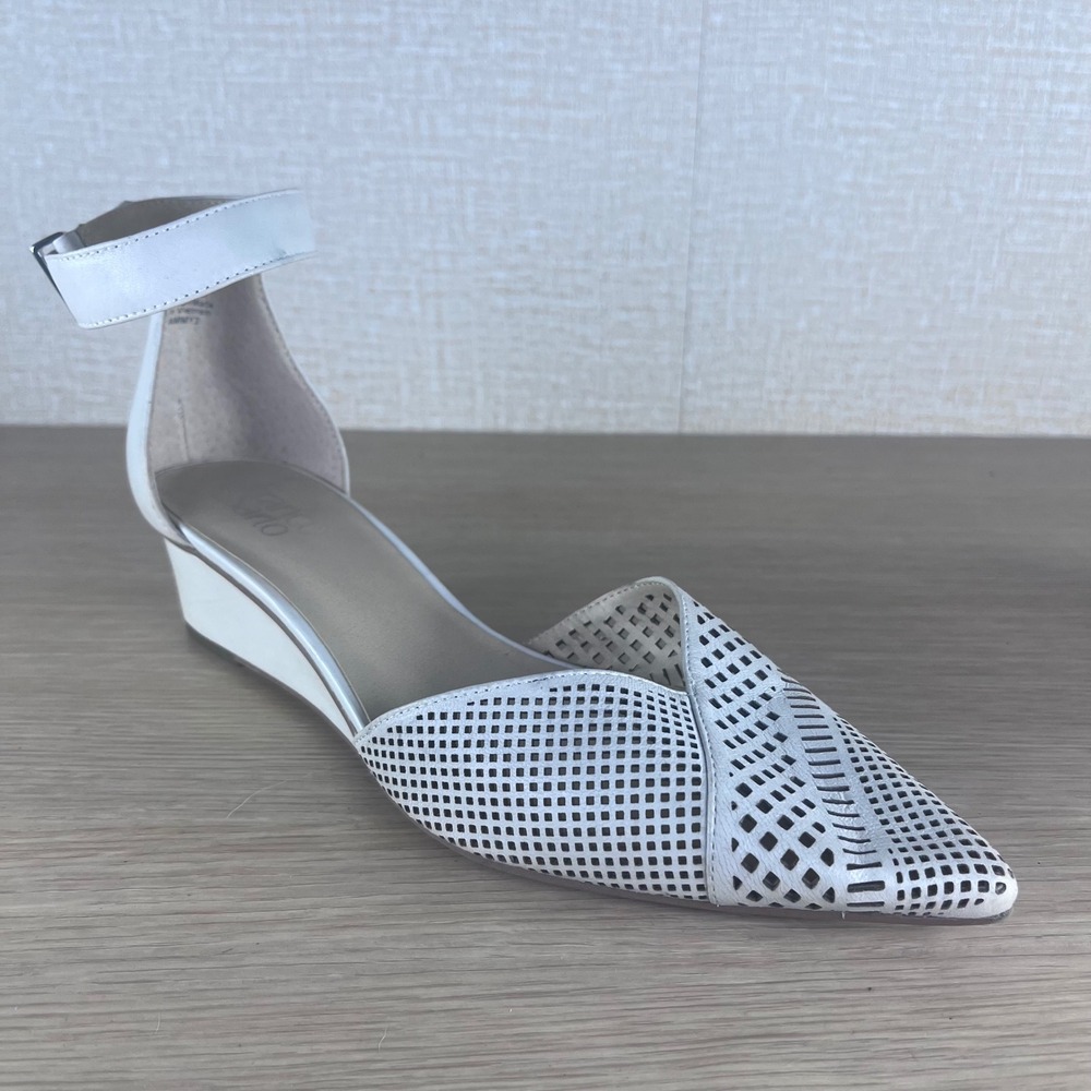 Franco Sarto Cammy 2 White Leather Laser Cut Wedge Heels Ankle Strap 10M